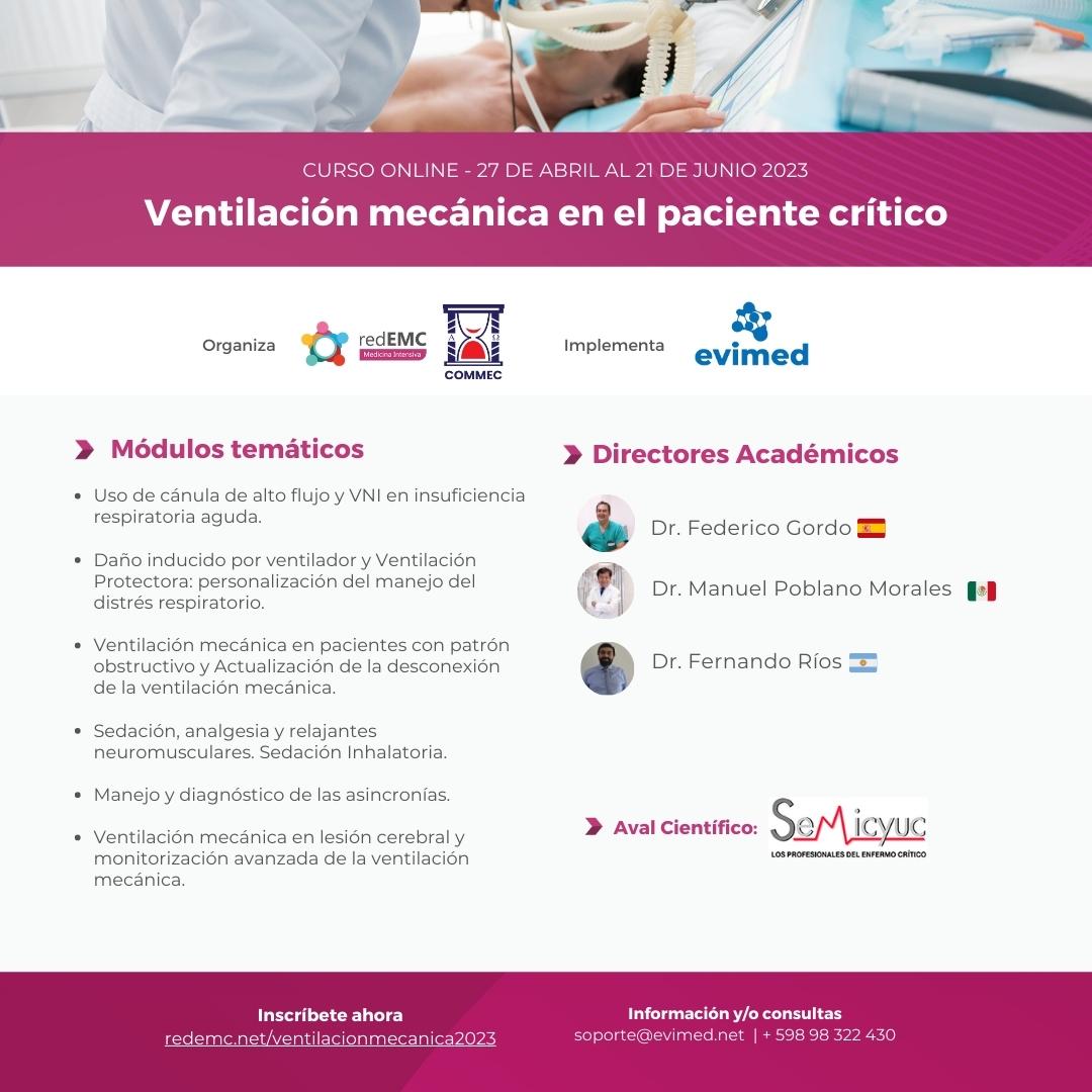 📣 CURSO ONLINE  - Ventilación Mecánica en el paciente crítico a cargo del Dr. Fernando Rios <a href="/drblackriver/">Fernando Rios</a> Dr. Federico Gordo <a href="/ventilacionmeca/">Fede Gordo-Vidal</a> y el Dr. Manuel Poblano Morales. Organizado en conjunto con <a href="/COMMEC_oficial/">Colegio Mexicano de Medicina Crítica, A. C.</a> 

redemc.net/ventilacionmec…