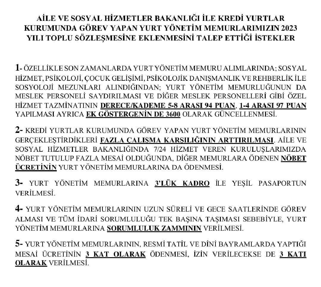 yurt_yonetim's tweet photo. Yurt Yönetim Memurlarının toplu sözleşme talepleri 

@sagliksen @BuroMemurSen_  @TurkBuroSenGM @SSMahmutFaruk @HBTONBUL @Leventusl @deryayanikashb
@kasapoglu @vedatbilgn

#yurtyönetimmemuruhakkınıistiyor https://t.co/SJBOPRRpev