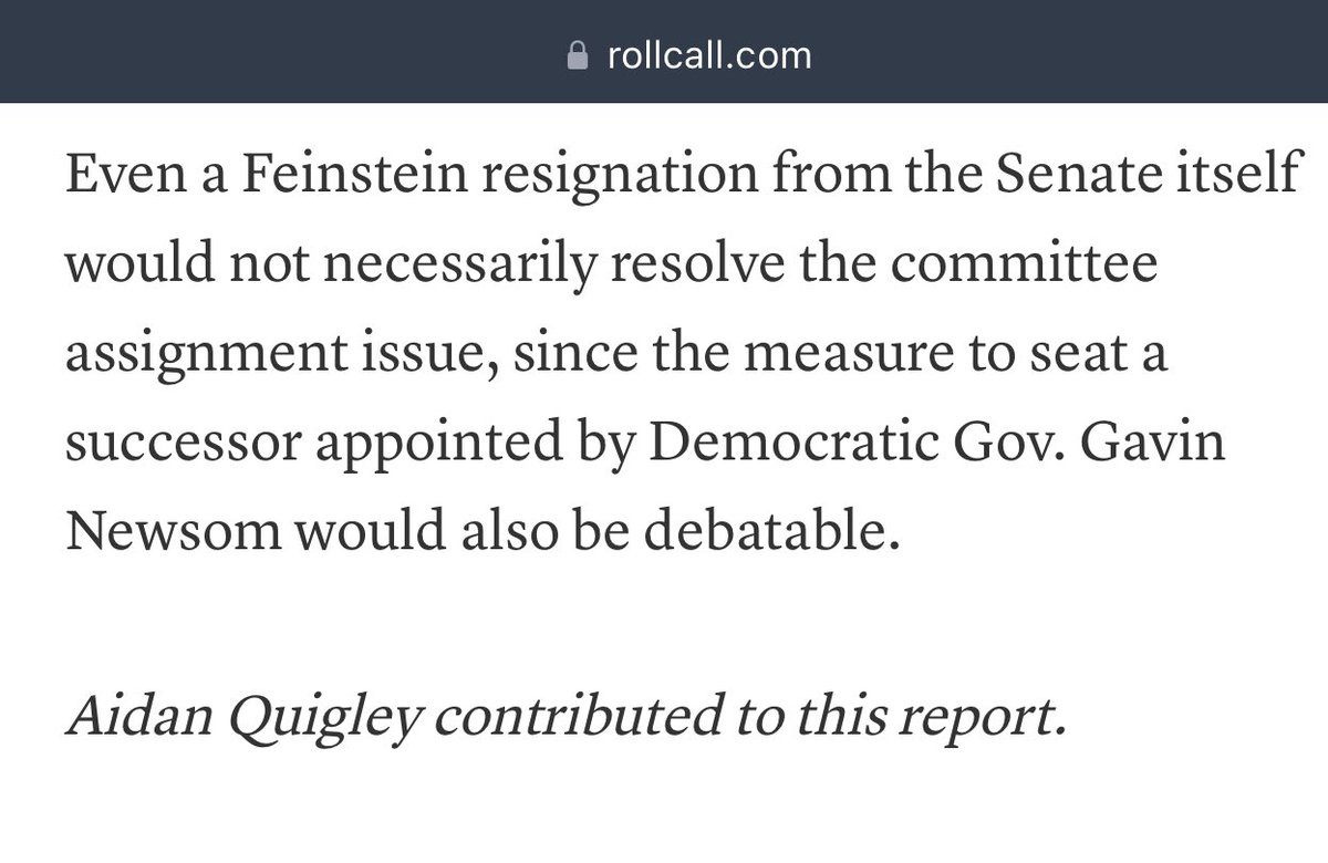 tify330's tweet photo. If Feinstein resigns her SEAT will be filled by a Newsom appointee BUT replacement committee assignments will need to be made.

Schumer would have to ask for unanimous consent to do so. If an R objects and filibusters then 60 votes is needed. We would only have 51. #SenateRules https://t.co/d8bAQwhCjb
