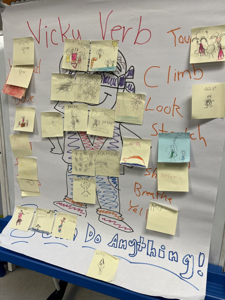 Mr_Pacha's tweet photo. Students sharing their exit ticket post-it notes verb drawings on our Vicky Verb anchor chart @hisdaims https://t.co/GDskaoGBKO