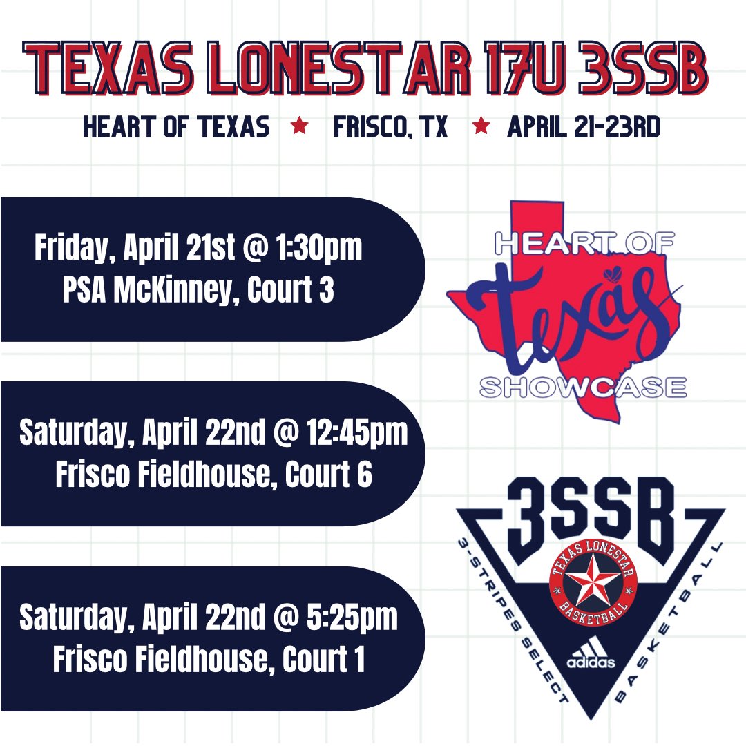 Texas LoneStar 17U 3SSB schedule for the Heart of Texas this weekend in Frisco, Texas #leavenodoubt