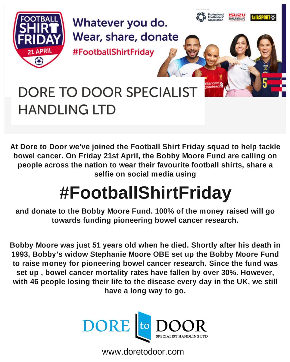DoreToDoor2018's tweet photo. We've joined the Football Shirt Friday squad to help tackle bowel cancer on Friday 21st April,

#FootballShirtFriday

https://t.co/t23Y0aJRnb

https://t.co/nIvcX6Lyup
#bobbymoore https://t.co/E3TK9NX59V