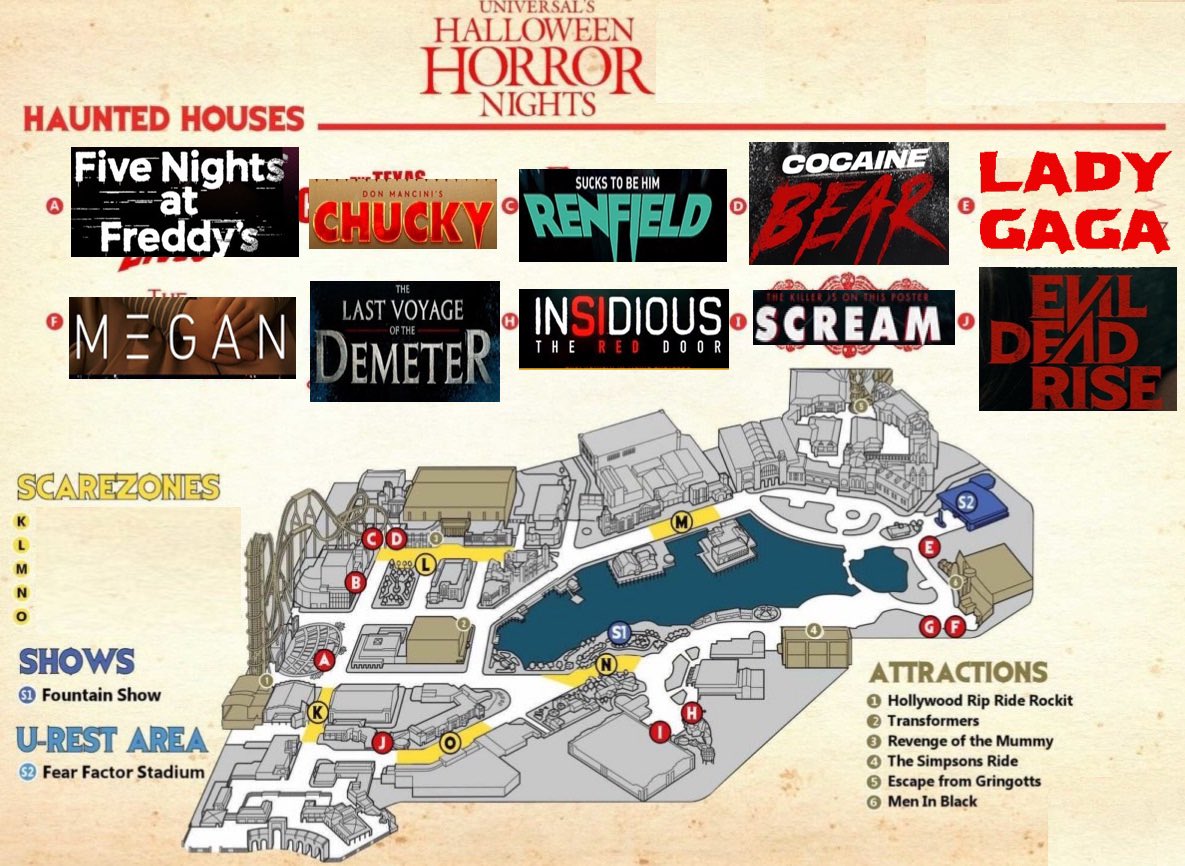 KandiSamples's tweet photo. ⚠️ ANNOUNCEMENT⚠️ Here’s your #HHN32 lineup!😂 At least one of these has to be right! 🤣 #speculationmap @renfieldmovie @meetM3GAN @FNAFMovie @ladygaga @ChuckyIsReal @ScreamMovies @blumhouse #CocaineBear @EvilDead @HorrorNightsORL @UniversalORL @UniversalPics https://t.co/u1qam0dXFu