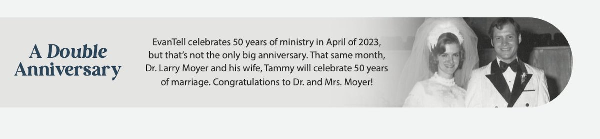 EvanTell's tweet photo. We have so much to be grateful for this month! Our savior is risen, our CEO celebrates 50 years of marriage, and EvanTell celebrates 50 years of sharing the gospel! Thank you Lord! 

#evantell50years https://t.co/99FHu2afQM