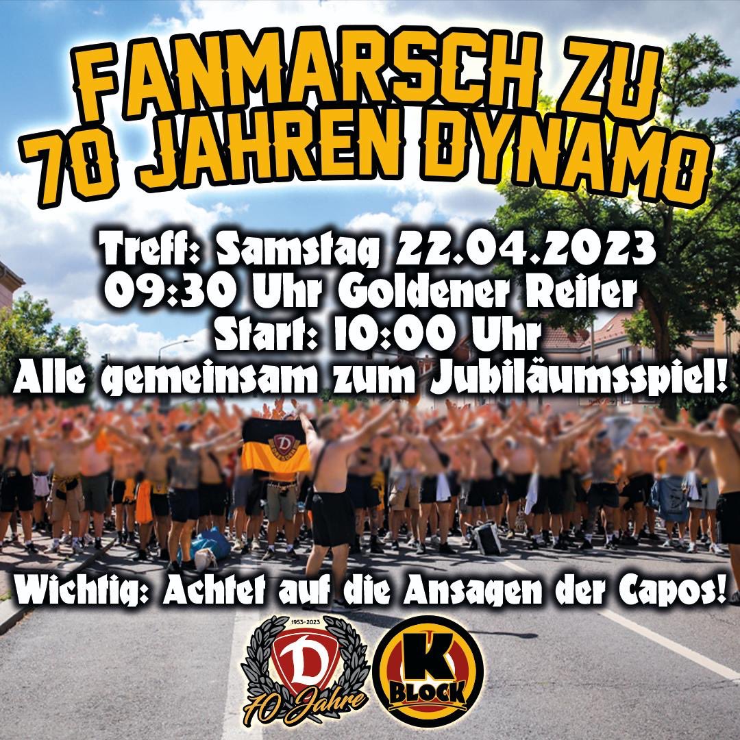 K_BLOCK_DYNAMO's tweet photo. Fußball ist das Leben in den Straßen unserer Stadt!

Fanmarsch zu 70 Jahren Sportgemeinschaft Dynamo Dresden

Treff: Sonnabend 9:30 Uhr
Ort: Goldener Reiter

10:00 Uhr geht es gemeinsam &amp; lautstark zum Stadion! 

PS: Böller bleiben daheim und Müll gehört in die Tonne!

#sgd1953 https://t.co/jkHroq2pAs