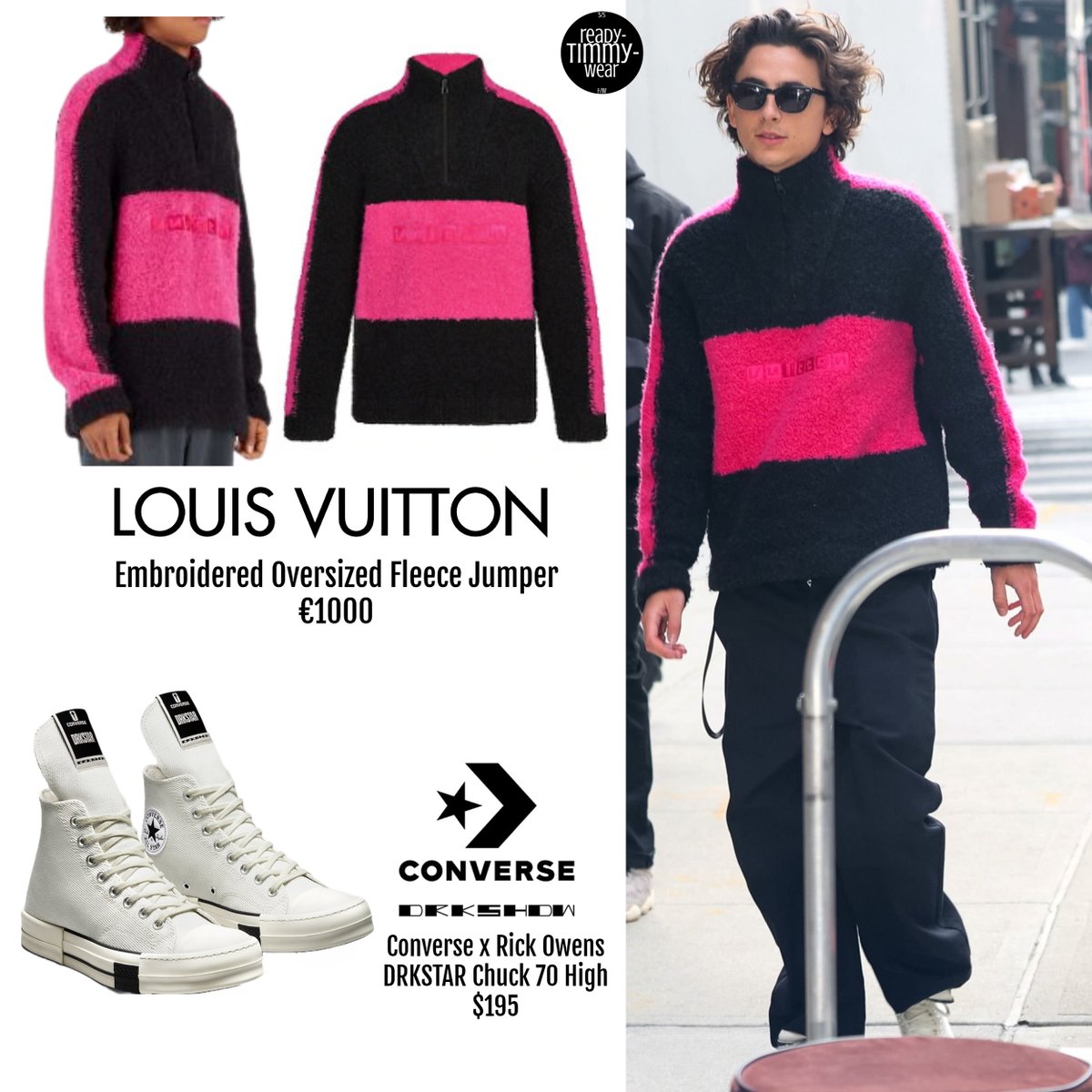 readytimmywear's tweet photo. Timothée Chalamet - Filming 'Chanel Bleu' commercial, NYC, April 19 2023

LOUIS VUITTON - Embroidered Oversized Fleece Jumper €1000
CONVERSE x RICK OWENS - DRKSTAR Chuck 70 High $195

#TimotheeChalamet @RealChalamet https://t.co/di7dB6TQH8