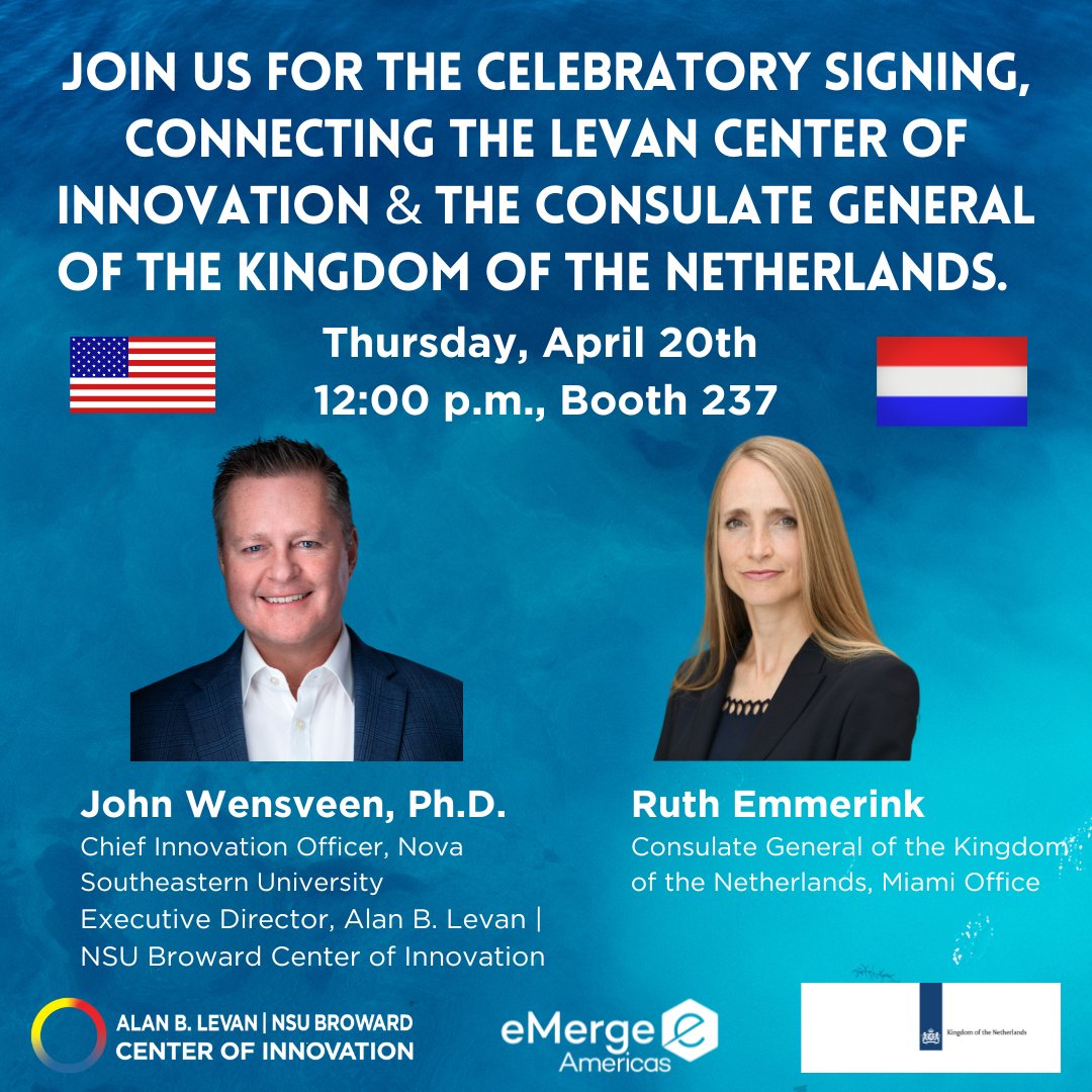 SFLinnovation's tweet image. Join us at @eMergeAmericas to witness the signing celebration that will connect the Levan Center of Innovation and the Consulate General of the Kingdom of the Netherlands in Miami, two world-class #innovation ecosystems. #miamitechmonth #soflotechmonth #soflotech #floridatech