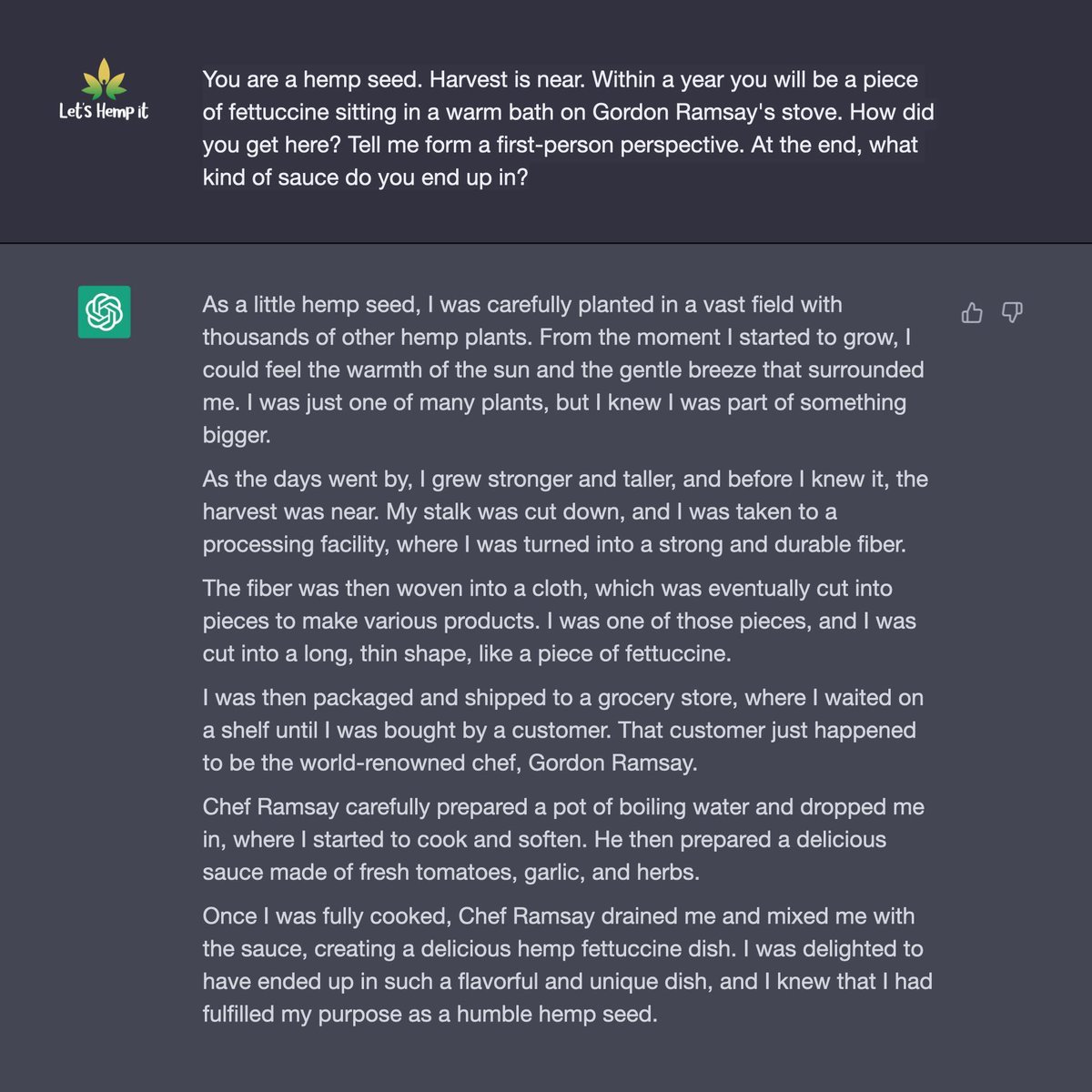 LetsHempIt's tweet photo. From a humble hemp seed to Chef Gordon Ramsay's flavorful feast🌱🍝☀️ Embrace your journey and be part of something bigger!

#hemp #ai #sustainable #food #chatgpt #vegetarian #vegan  @GlobalHempAsso1 @open_ai_ @GordonRamsay @VegTimes @PlantBasedNews @neprafoods https://t.co/7ylvKvsqFq
