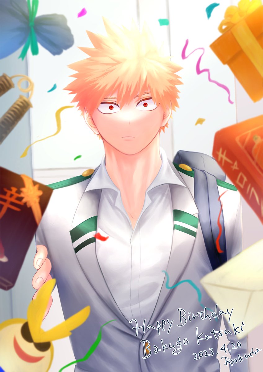 bakugou katsuki u.a. school uniform male focus 1boy happy birthday school uniform red eyes blonde hair  illustration images