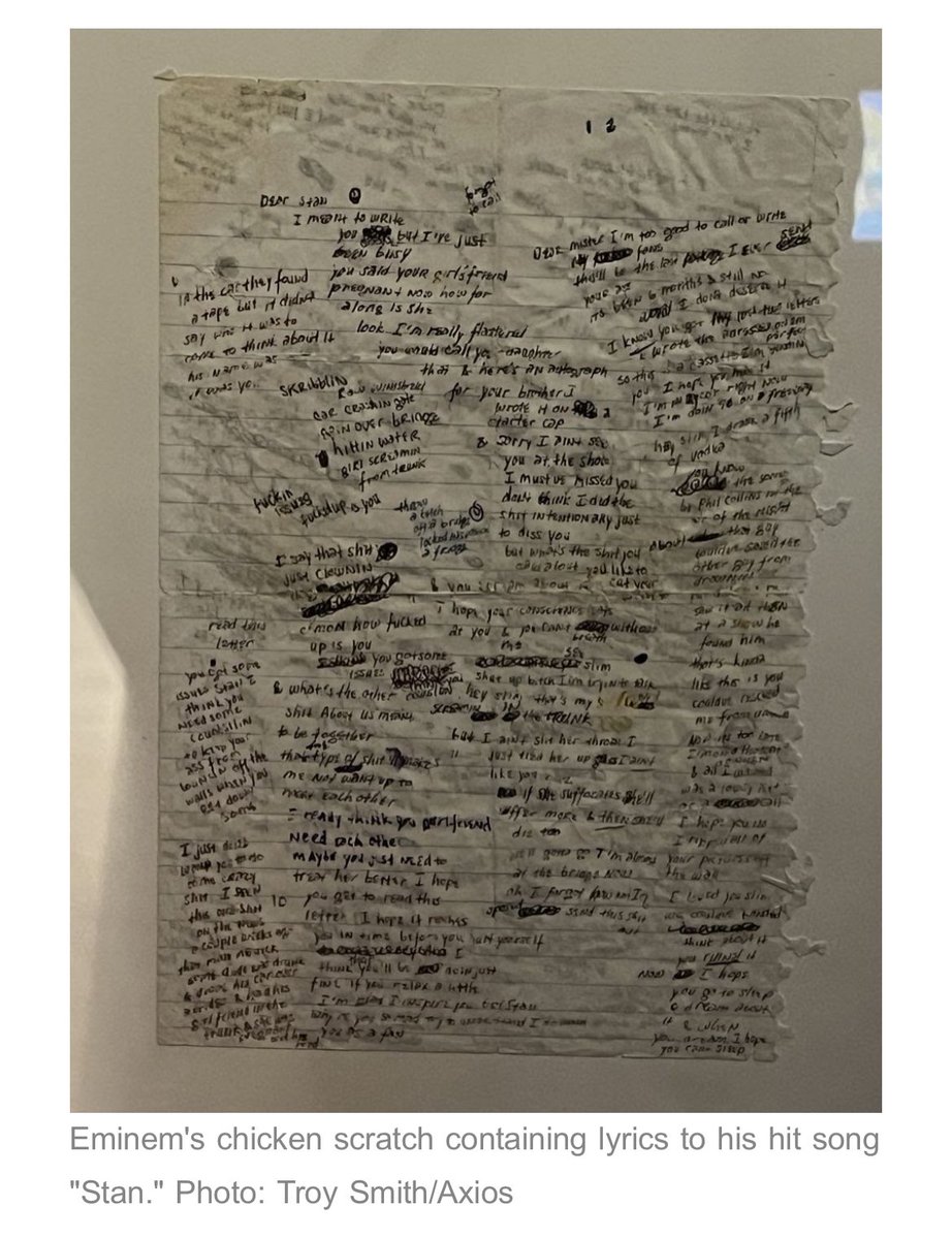 DetroitSapphire's tweet photo. Axios captioning this picture of Eminem’s “Stan” lyrics as “chicken scratch” has validated and entertained me in more ways than I would have ever imagined. 🤣 I love it. https://t.co/ENcVbMZ3Jx
