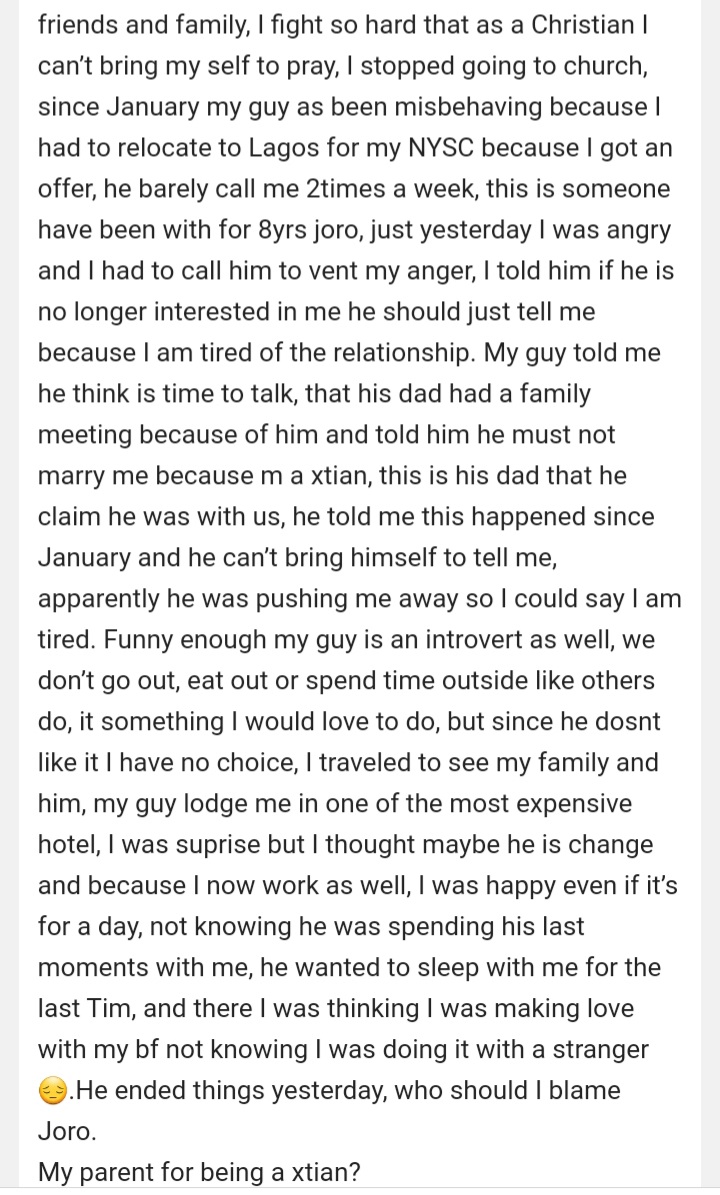 Joroolumofin1's tweet photo. 8 years relationship ended. I was willing to convert to his religion. Who do I blame?. I feel like the universe is against me😞 https://t.co/gPXakmqPOG
