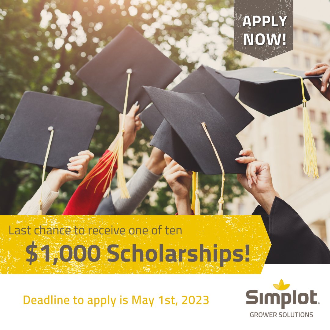 The deadline to apply for our scholarships is May 1. We're offering ten $1000 scholarships to students in our Canadian trade areas who are pursuing a career in the Ag Industry. 

Contact your local retail location or email Janelle Swan at janelle.swan@simplot.com.