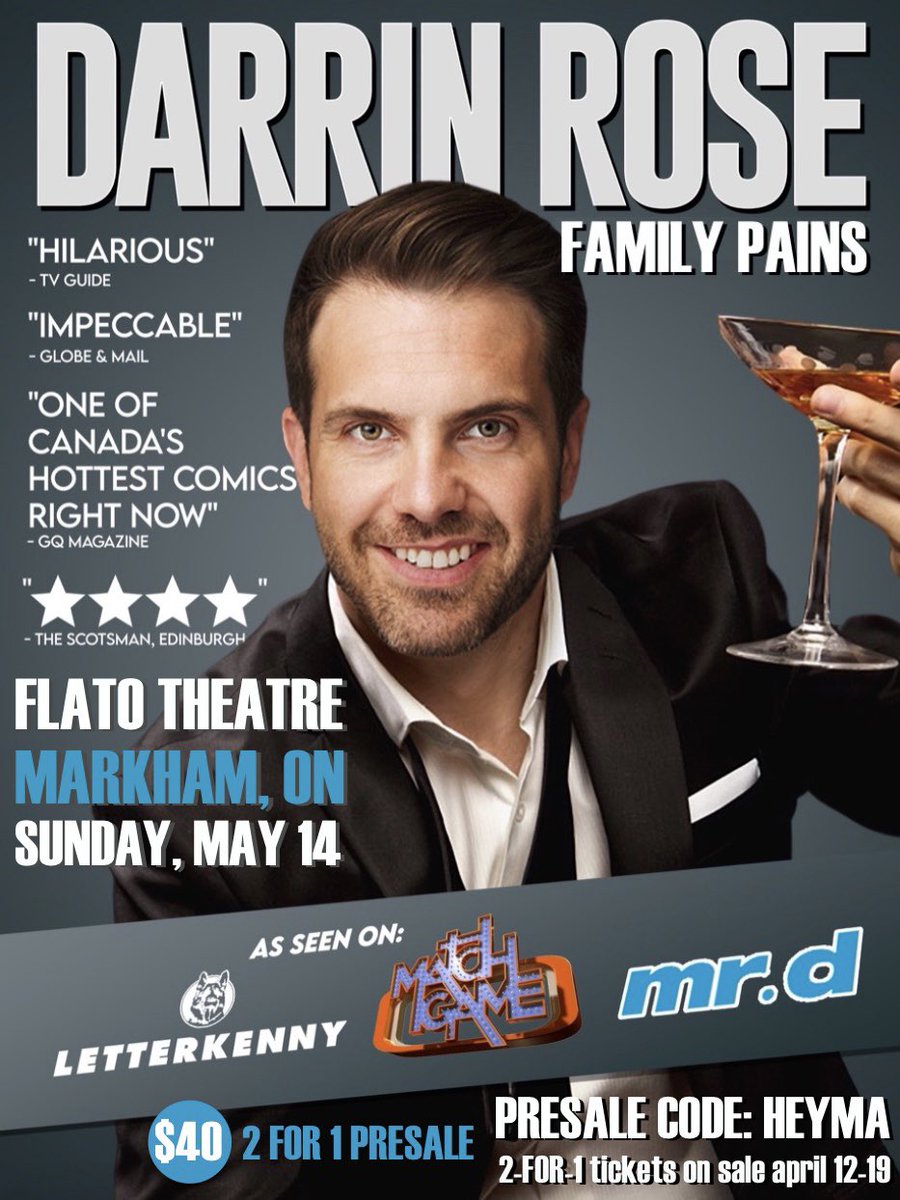 Markham! 2 for 1 tickets EXPIRES TODAY! Get 2 for 1 tickets to my show at Flato Markham Theatre with the Code: HEYMA 

#markham #markhamontario #newmarket #vaughn #stouffville
