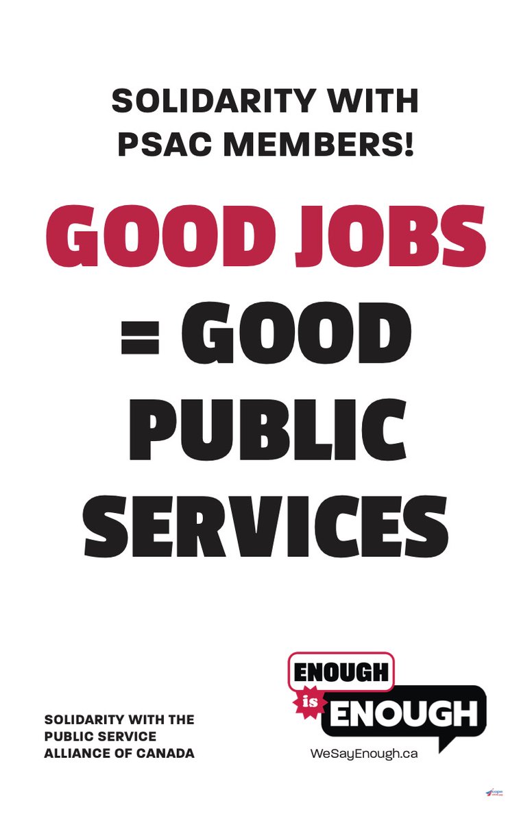 Show your #solidarity with <a href="/psac_afpc/">PSAC-AFPC</a> members on strike for better wages, #decentwork &amp; well-funded public services. Download posters here: bit.ly/psacsol #EnoughIsEnoughON #EnoughIsEnough #canlab #onlab #justice4workers