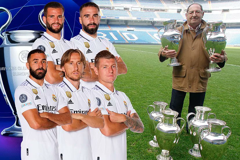 RM4Arab's tweet photo. 🇪🇸 ماركا | بنزيما، كروس، مودريتش، كارفاخال وناتشو على بعد خطوتين فقط من معادلة رقم خينتو.

- حقق خينتو دوري أبطال أوروبا مع ريال مدريد ستة مرات وهو رقم ينفرد به حتى الآن. https://t.co/upE6MKwa55