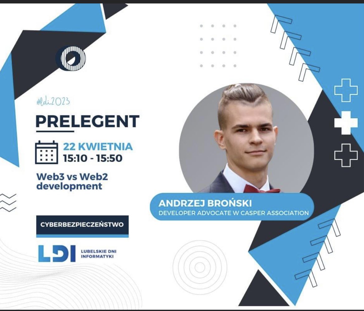On Saturday, 22nd of April, we will talk #casper #blockchain and #web3 development at #LubelskieDniInformatyki in #lublin #poland. Join us if you’re around!! Go $CSPR, go <a href="/Casper_Network/">Casper</a>!