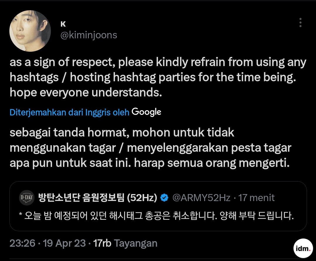 -idm sebagai penghormatan dimohon untuk tidak menaikan tagar apapun 🙏 Rest In Peace Moonbin 🥺🥀 Big hug from Armys untuk temen-temen Aroha 🫂