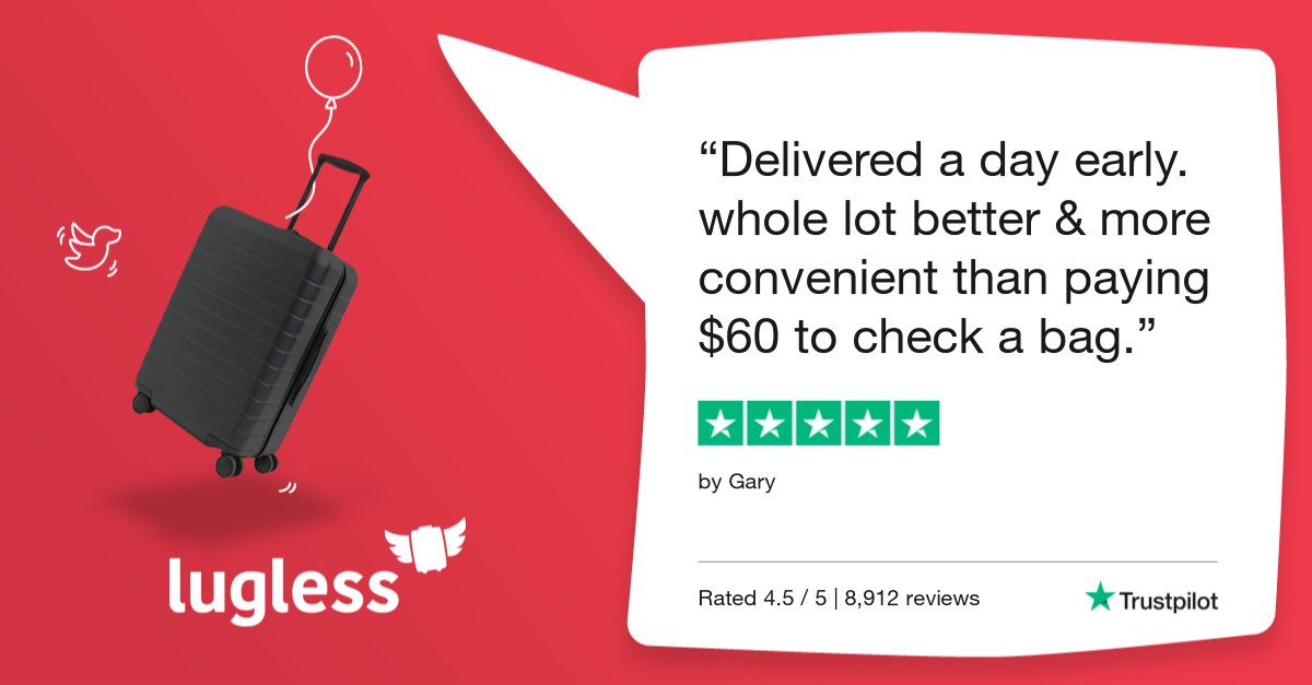 lugless's tweet photo. Say goodbye to long check-in lines! With Lugless, you can save time, money, and hassle - so why wait? Start shipping your suitcase stress-free today! #justLugLess #convenience https://t.co/jXeo6nnpx1
