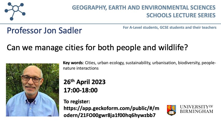 GEES_schools's tweet photo. School Lecture Series for A level students, GCSE students &amp; their teachers

‘Can we manage cities for both people and wildlife?’
Professor Jon Sadler 

Wednesday 26th April   
5pm-6pm on Zoom 

To register: https://t.co/pUoXhnpCXS https://t.co/mIO48BA2ly