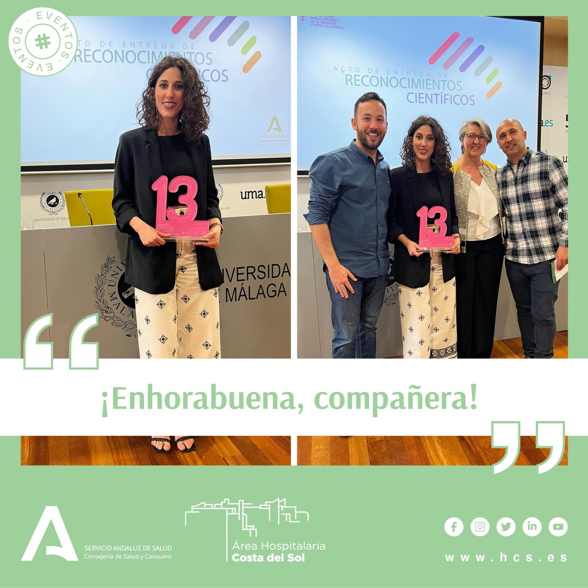 ASCostadelSol's tweet photo. ¡Estamos felices! ☺️Nuestra compañera, María José Serrano Morillo, enfermera de Urgencias del #HCS, ha recibido un reconocimiento por una comunicación en el ‘Congreso Internacional para el estudio de la violencia contra las mujeres' de la @IgualdadAND 
#SAS #CentrosconCorazón💜 https://t.co/2fq8vbOWIt