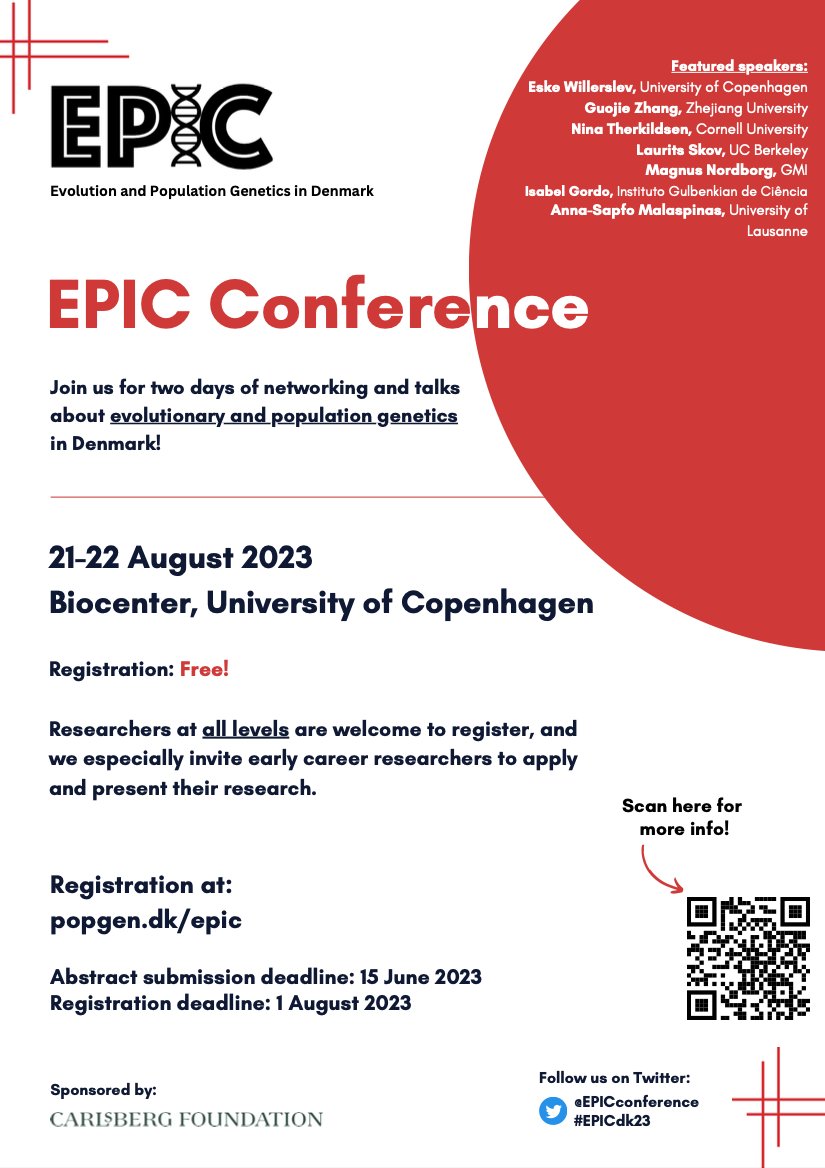 Are you an evolutionary/population geneticist in Denmark? The 2nd EPIC conference will take place on 21-22 August 2023 in Copenhagen. Come along for two days of great talks and networking! #EPICdk23 Hosts: @BIO_UCPH @Globe_UCPH @PopGenDK Register now at: popgen.dk/epic/