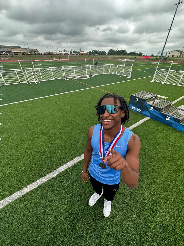 GtownTrack's tweet photo. Adrian Brown wins yet another gold for the Eagles.  This time in the triple jump.  🦅 are soaring early today!!  #Gumpers   #ThreeForThree https://t.co/ZRv43WeeiU