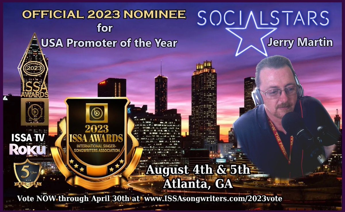 Vote for me for USA Promoter of the Year in the 2023 ISSA Awards and cast a vote daily for our friends <a href="/AlyssaRuffin/">A L Y S S A R U F F I N™️</a> <a href="/AlyssaMarieCoon/">Alyssa Coon</a> <a href="/SamanthaLaPorta/">Samantha LaPorta</a>   <a href="/phopkinsmusic/">pamelahopkinsmusic</a> <a href="/sydirvingmusic/">Sydney Irving | Singer-Songwriter</a> <a href="/Limberlost_Band/">Limberlost</a> <a href="/SticktightAkins/">Sticktight Akins</a> <a href="/breannafaithmsc/">☆ BREANNA FAITH ☆</a>  <a href="/CranberryMerch2/">Cranberry Merchants</a> ISSAsongwriters.com/2023vote