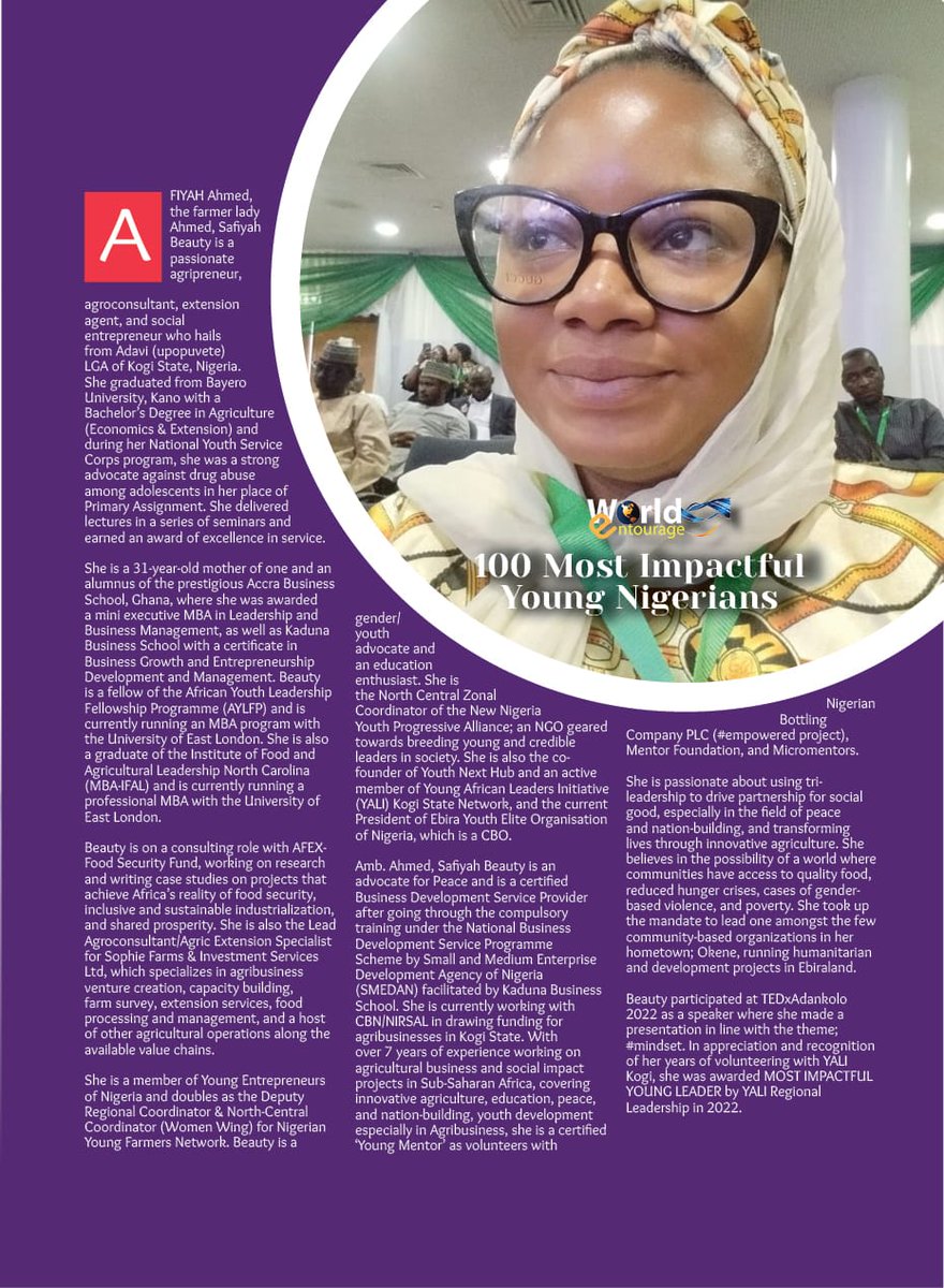WorldEntourage's tweet photo. She is a fascinating figure giving farming fanciful outlook, beautiful and brainy is @SafiyahAhmed, one of our 100 Most Impactful Young Nigerians who has inspired a number of you girls and women in rural Nigeria.Congratulations. https://t.co/KlDuOFw9sm