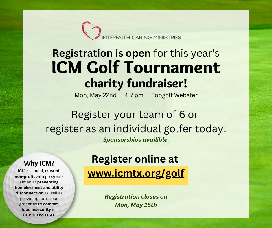 Register today - have a great time for a good cause! Individuals, pairs, and groups of all sizes welcome. ⛳️❤️

icmtx.org/golf

#charitygolf #charitygolftournament #webstertx #ccisd #fisd