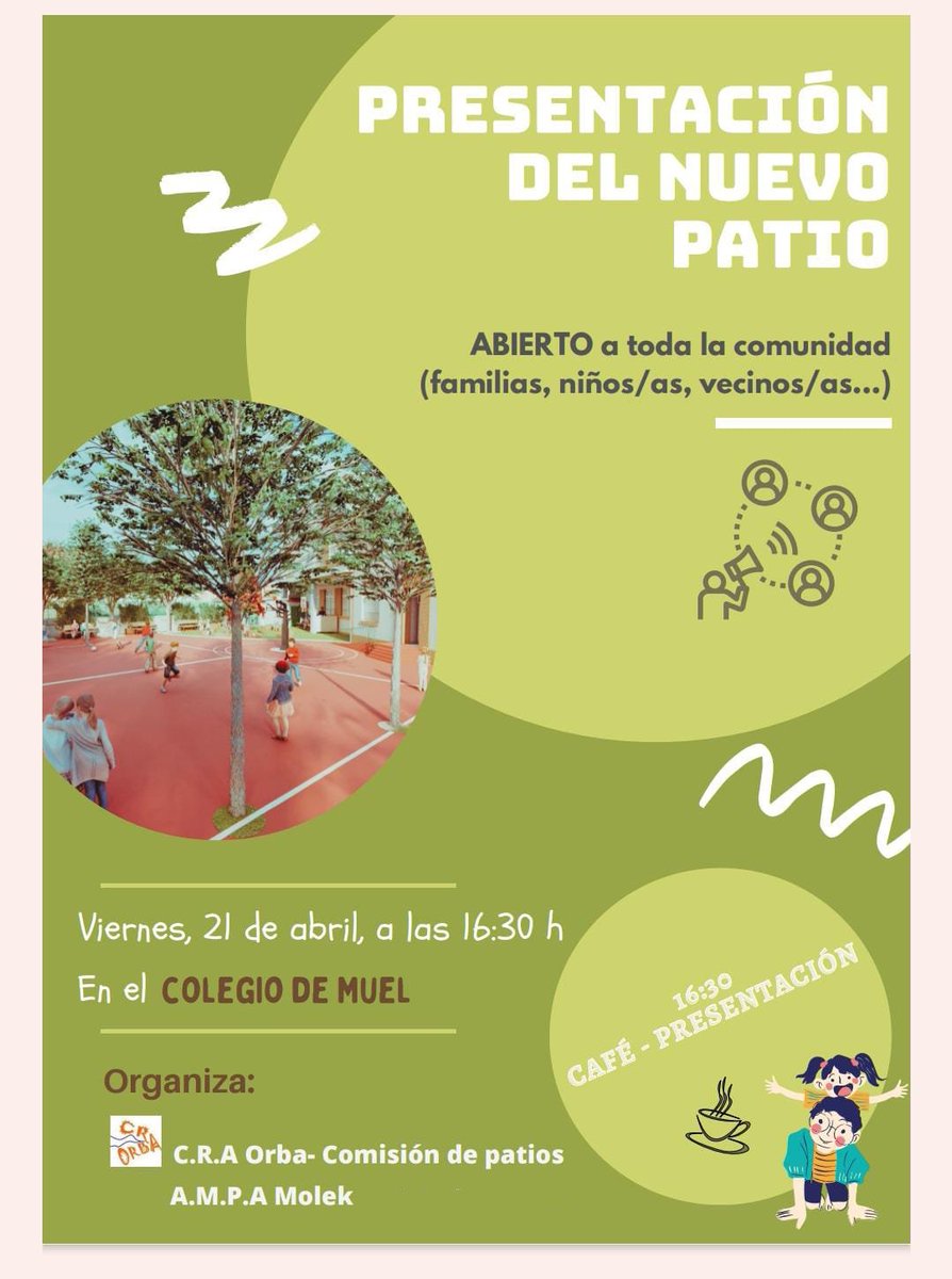 Presentacion de nuestro nuevo patio Café y presentación del vídeo grabado por los peques. Hablaremos del proceso seguido. viernes, 21 de abril, 16.30 horas  Organiza:  CRA Orba, Comisión de patios y AMPA Molek ¡Os esperamos!