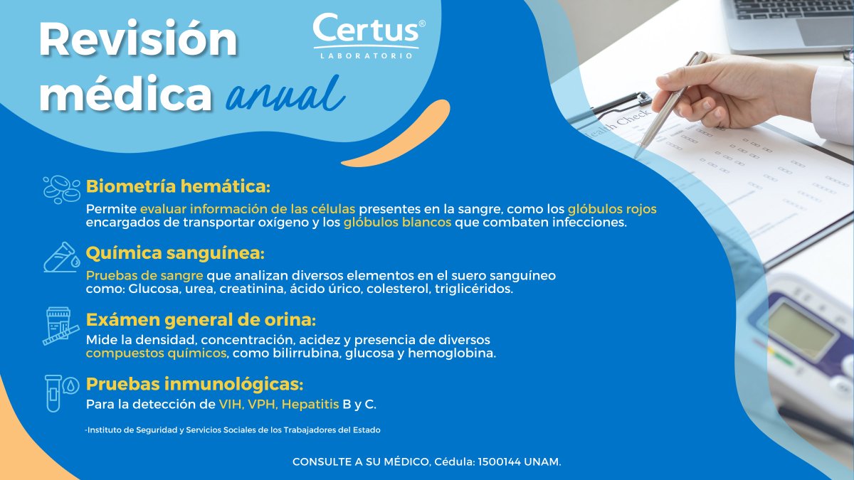 CertusLab's tweet photo. ✅ Por lo menos una vez al año debemos considerar realizarnos una revisión médica que nos permita evaluar nuestras deficiencias y tomar acción de ello. 📷

🔍Instituto de Seguridad y Servicios Sociales de los Trabajadores del Estado
🔗https://t.co/YJkqJ2nDnp https://t.co/JAgHe8aGf9