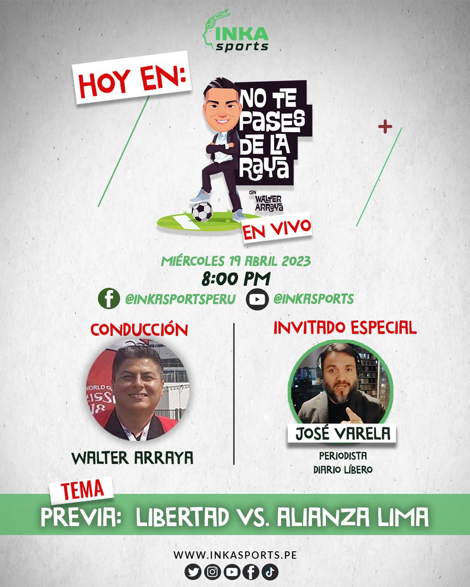 InkaSports's tweet photo. ¡HOY! Desde las 8:00 PM, a través de nuestras plataformas de Facebook  y YouTube estaremos EN VIVO con @theatharis, periodista del diario Líbero con toda la PREVIA del encuentro entre Libertad  y Alianza Lima por la fecha 2 de la Copa Libertadores. https://t.co/w7ChyE7Jon