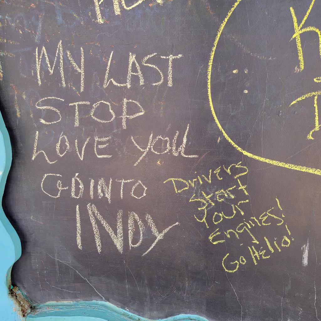 Indycat500's tweet photo. Although I won't be #backhomeinIndiana for a while, I couldn't resist adding my comments to this chalkboard. Go @h3lio! Can't wait to cheer you on for your #drive4five in May! https://t.co/ggaZsfckx7