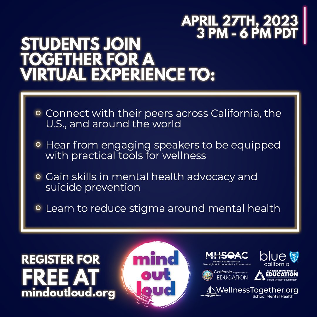 CADeptEd's tweet photo. Don’t forget! #MOL23 is approaching FAST. Be sure to register & share with your friends! @molstudents #MindOutLoud #MOL23
Register here: https://t.co/PkpHe0z2Fd https://t.co/dhiNjrs739