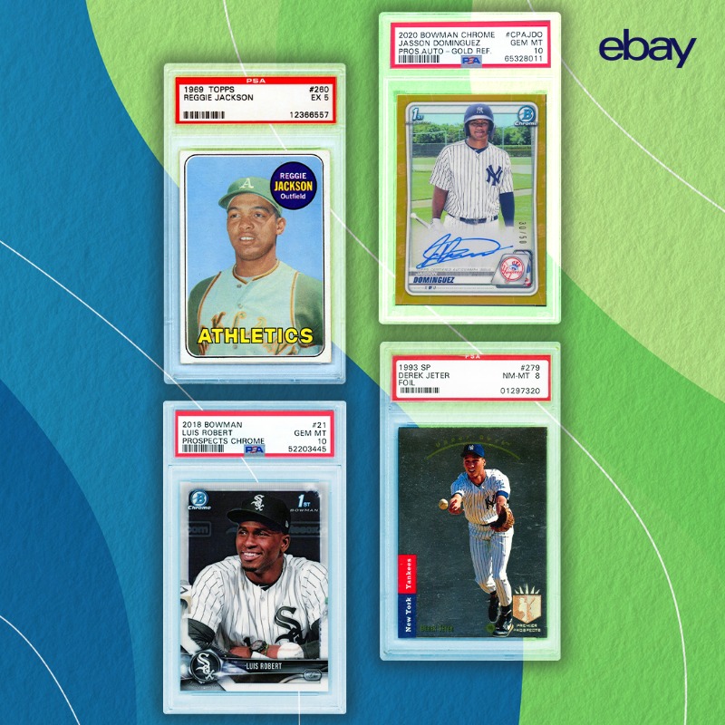 eBay's tweet photo. Dive into top seller @AmtMemorabilia's  stellar lineup of modern and vintage #MLB gems. Whether you’re completing sets or acquiring futures, the past and present pieces you need are right here. Swing away today. #eBayTopSellers