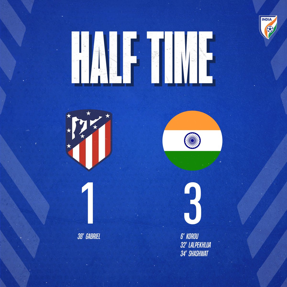 IndianFootball's tweet photo. 𝐇𝐀𝐋𝐅𝐓𝐈𝐌𝐄! An entertaining first half comes to a close! India lead by two, but it's been end-to-end!! 😅 

ATL 1⃣ - 3⃣ IND

#ATLIND ⚔️ #BackTheBlue 💙 #IndianFootball ⚽ https://t.co/WxSKaRmTW6