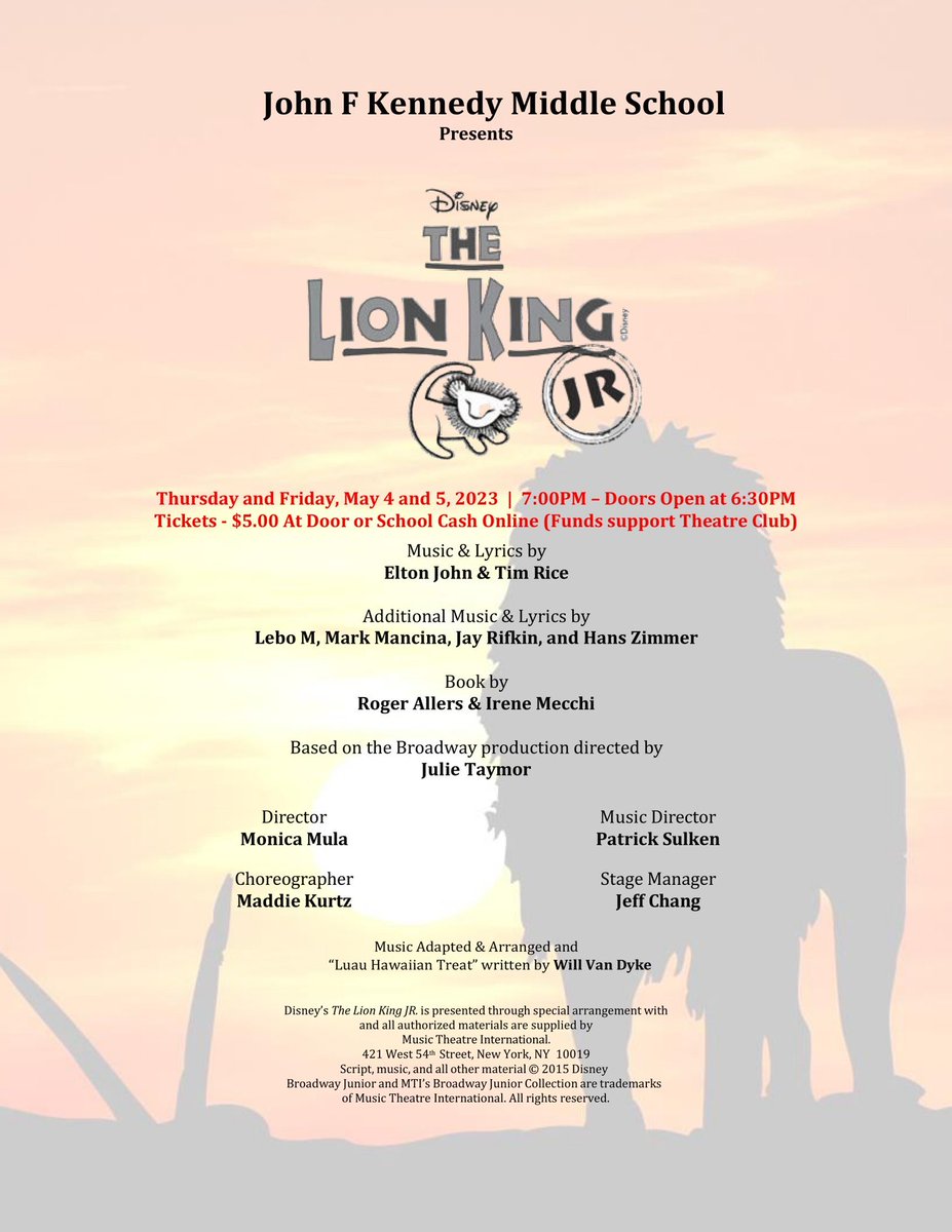 JFKennedyMNPS's tweet photo. Tickets are now on sale for Lion King Jr. $6.00 online, 5.00 cash at the door.   Link is in our Twitter bio!  We hope to see you there!! https://t.co/iA0bnRZCw1