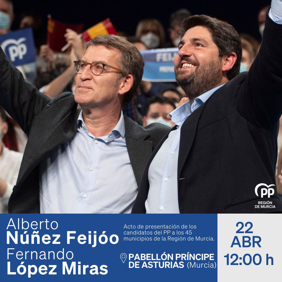 📆 Haz hueco en tu agenda 

📍Este sábado se presenta nuestro candidato a la alcaldía de Totana Juan Pagan junto al resto de candidatos de los municipios de la Región de Murcia del PP con nuestros presidentes Alberto Núñez Feijóo y Fernando López Miras 

🔵 Nos acompañas?