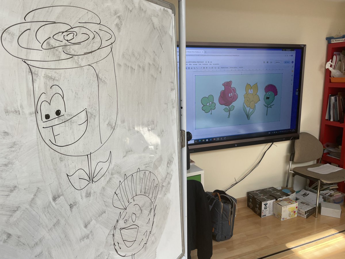 Look at all the ink still on that board! 

We did so many drawings today, designing flower characters to go in a Great British Garden Mural at <a href="/oakingtonmanor/">Oakington Manor</a> primary school with <a href="/ArtistsIR/">Artists in Residence</a>!

It was so much fun! Sorry I couldn’t clean the whiteboard properly though! 🫣