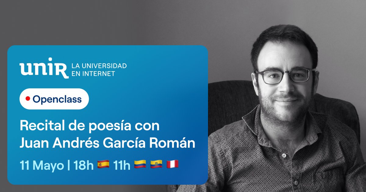 juanita_nani's tweet photo. La última sesión del taller de poesía con Juan Andrés García Román organizado por el Máster en Estudios Avanzados en Literatura Española y Latinoamericana #MEALELUNIR en @UNIRuniversidad será en abierto. ¡No os lo perdáis!
https://t.co/GYkS15uxOH https://t.co/fMSYfmwSAn