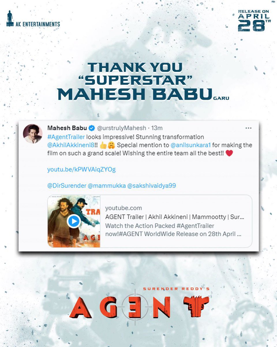 UrsVamsiShekar's tweet image. The Man of Big Heart❤️

Impressed with the #AgentTrailer, Superstar @urstrulyMahesh wishes the entire team of #Agent the best for the release 😊

- youtu.be/kPWVAiqZYOg

#AgentOnApril28th

@AkhilAkkineni8 @mammukka @sakshivaidya99 @DirSurender @AnilSunkara1 @AKentsOfficial