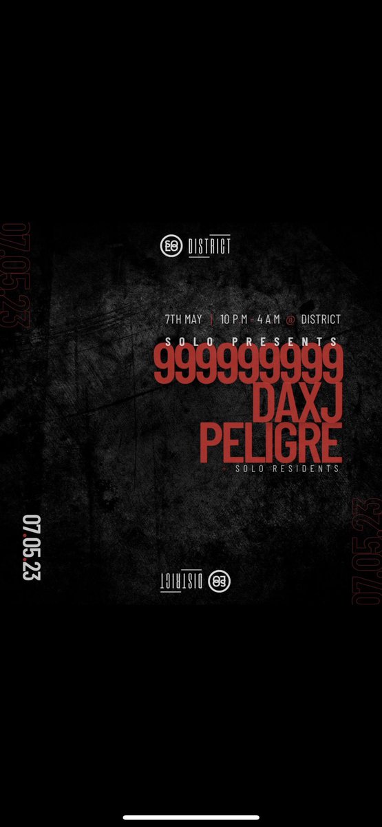 RhysHowellss's tweet photo. @9X9 @DaxJ  @Peligremusic Headlining District night club Cardiff for @SoloPresentsWales 7th May Bank Holiday. 

TICKET LINK🎫✅- https://t.co/9ZEUVnhIbw

@TinTechno @ItsAllTechno @tecchnoaddict25 @techno_cave https://t.co/VqeYcRXxuz