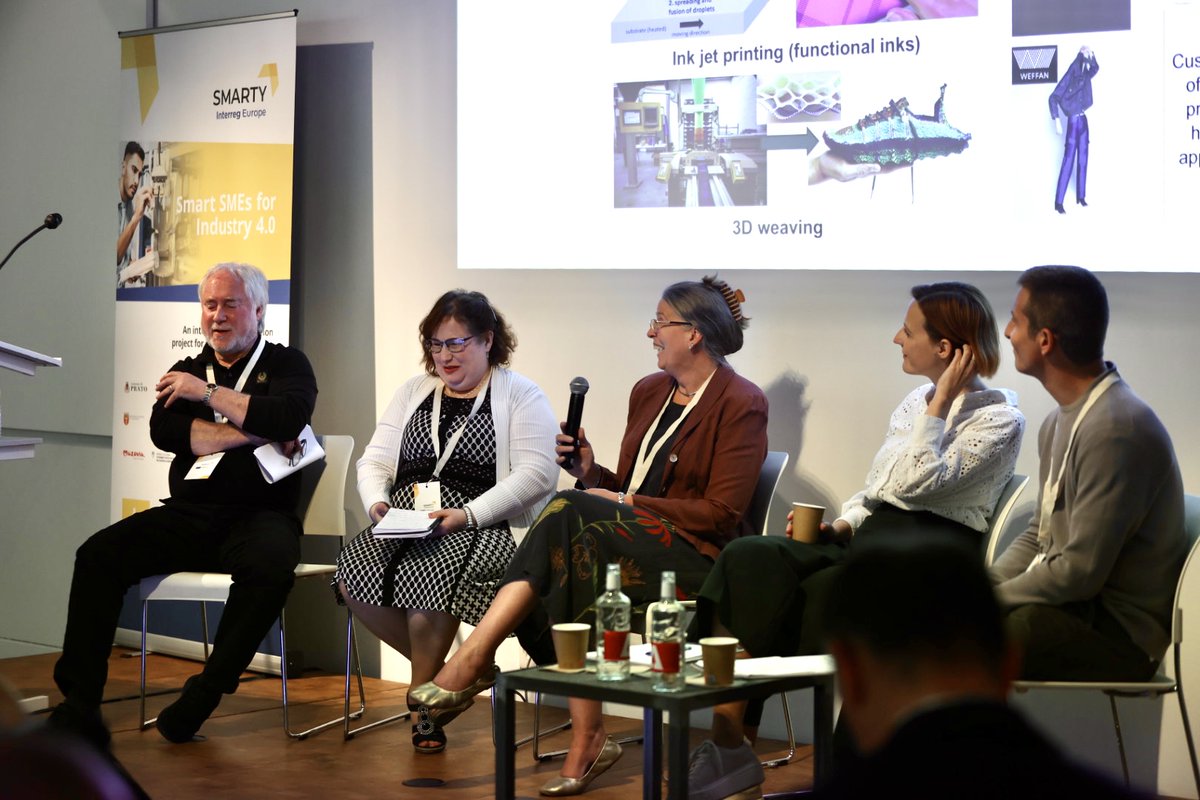 SMARTY_EU's tweet photo. Roundtable on #Digitisation for Green Transition &amp; #Sustainability followed. Bill Macbeth, Managing Director of @TextileCentre and experts from Slovenia, Lapland, Leeds and Catalonia discussed how digitisation can help us achieve sustainability goals.

@interregeurope https://t.co/Fhu5j1Fnsi