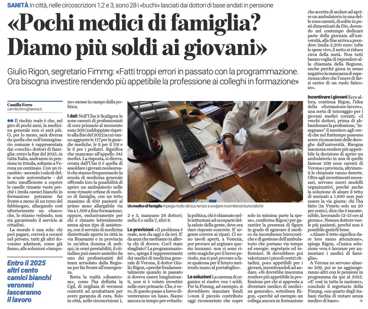 FIMMG_Vr's tweet photo. La #medicinagenerale è in crisi. 
È urgente agire con fondi adeguati, valorizzando i piccoli centri cittadini e creando nuovi modelli organizzativi per rendere la professione più appetibile ai giovani #medici.
È in gioco la salute dei cittadini!

👇Il segretario Rigon a @larenait https://t.co/nOCJIlCWjy