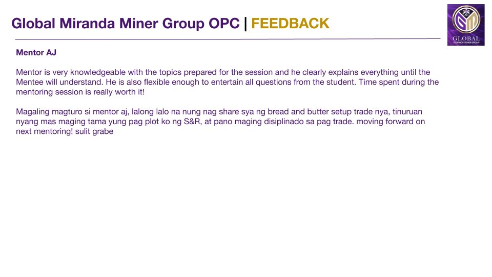 mentor_aj's tweet photo. Feedback from one of my Mentees. Very Much Appreciated! Thank you!
Sa mga incoming mentees, We Mentors will make sure na "Aha moments" ka on every session. 
Interested to learn more about cryptocurrency trading?

#CMMSYSTEM
#MirandaMinerProfitableSystem https://t.co/2Qq94hd1Rx