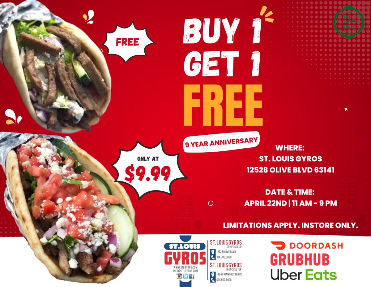 STLgyros's tweet photo. This Saturday - April 22nd 
Buy 1 Gyro Get 1 Gyro Free 
Olive location only. 
Limitations apply. In store only. 
#eatlocalstl #stleats #anniversary #but1get1free #Gyros #stl #stlfoodies #stlfoodgram https://t.co/A099OfwchG