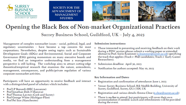 onnamalou's tweet photo. 📦Opening the Black Box of #Nonmarket Organizational Practises
Great event organized by @Tazeeb & @sorinkrammer at the @UniOfSurrey on the antecedents, management, consequences, and public/private regulation of corporate nonmarket activities.
When? July 4
Where? Guildford (UK) https://t.co/csLW63hPbn