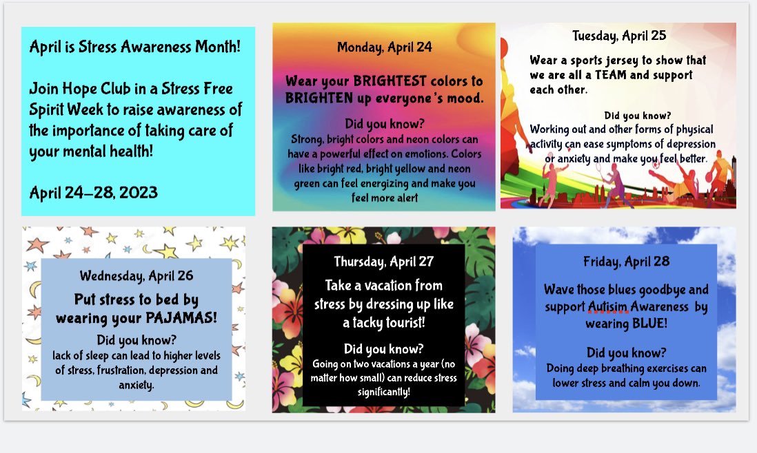 Did you know April is Stress Awareness month? Hope Club invites TOIS to participate in a Stress Free Spirit Week next week to raise awareness of the importance of taking care of your mental health!