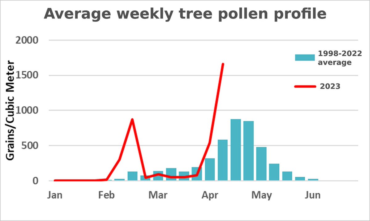 capitalweather's tweet photo. It’s been a punishing dual-peaked pollen season in DC It could be the new normal. https://t.co/xXkkmp5ytp

(Today's count is still HIGH but under 1,000 grains per cubic meter of air for the first time in a while. Peak is behind us.) https://t.co/nsFrgO65Cc