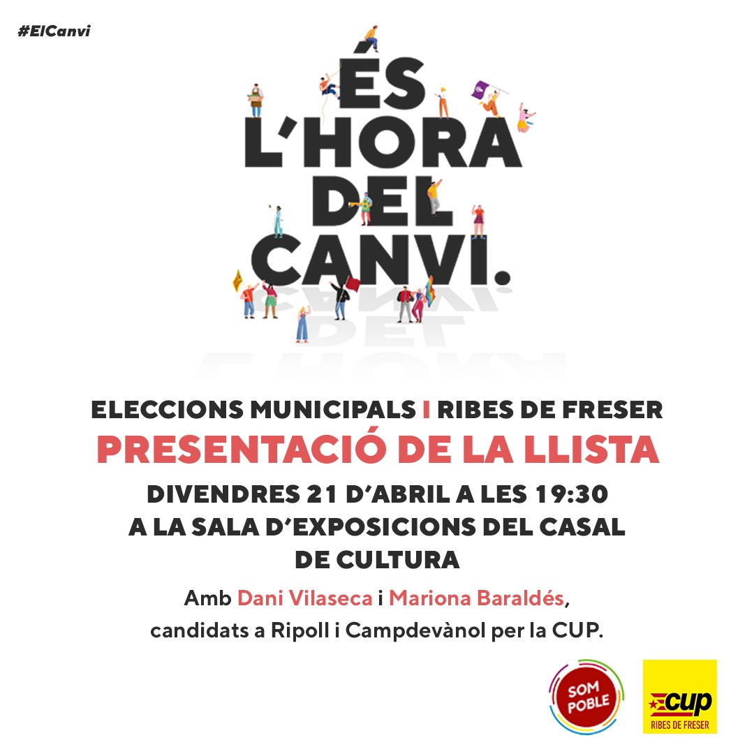 🗣️ És l'hora del canvi. 

⏩ Ens veiem aquest divendres a les 19:30h a la Sala d'Exposicions del Casal de Cultura per presentar-vos les persones que conformaran la candidatura i els motius que ens porten a presentar-nos de nou!

Us hi esperem! #GentQueLluiti